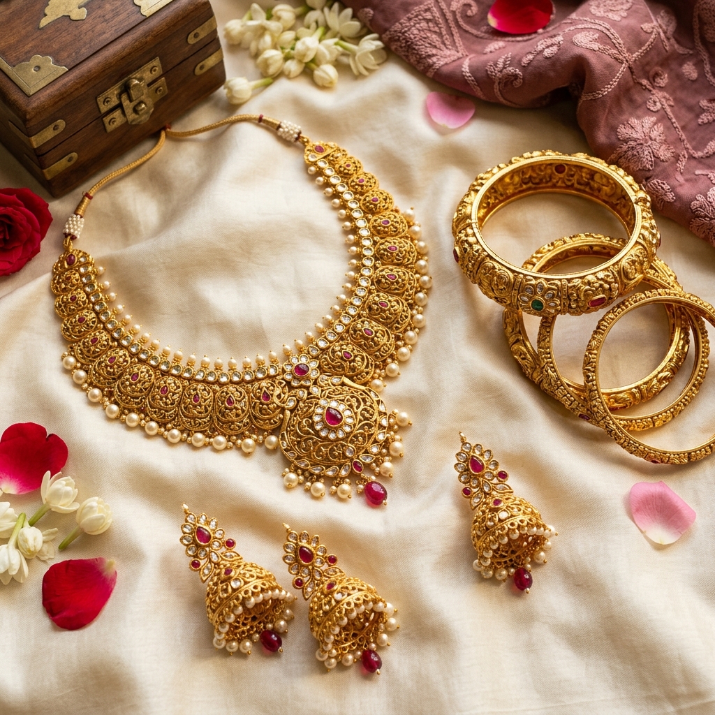 Ornate Gold Bridal Jewellery Set - Roopsree Jewellery Thalassery